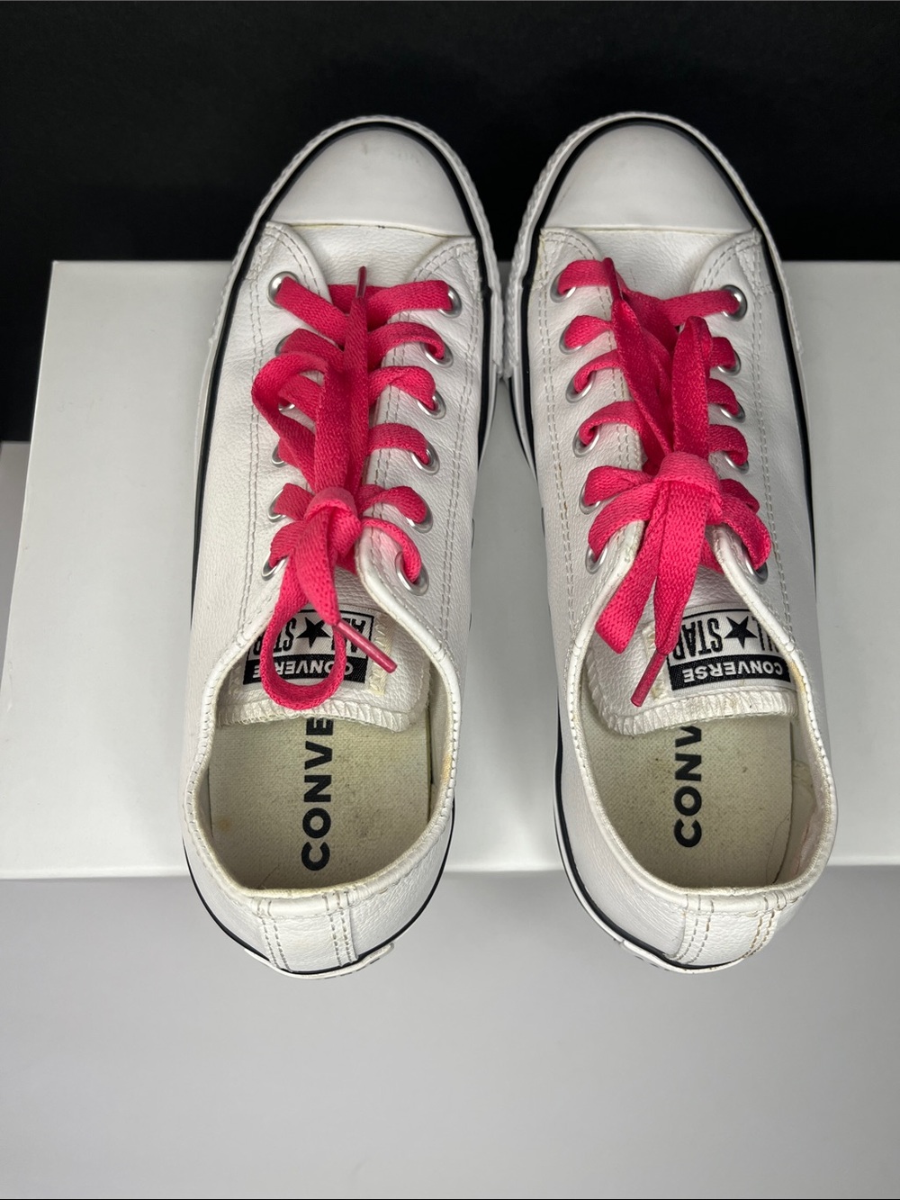 Leather Converse, White Low-Top with Bright Pink Laces - Picture 8 of 10